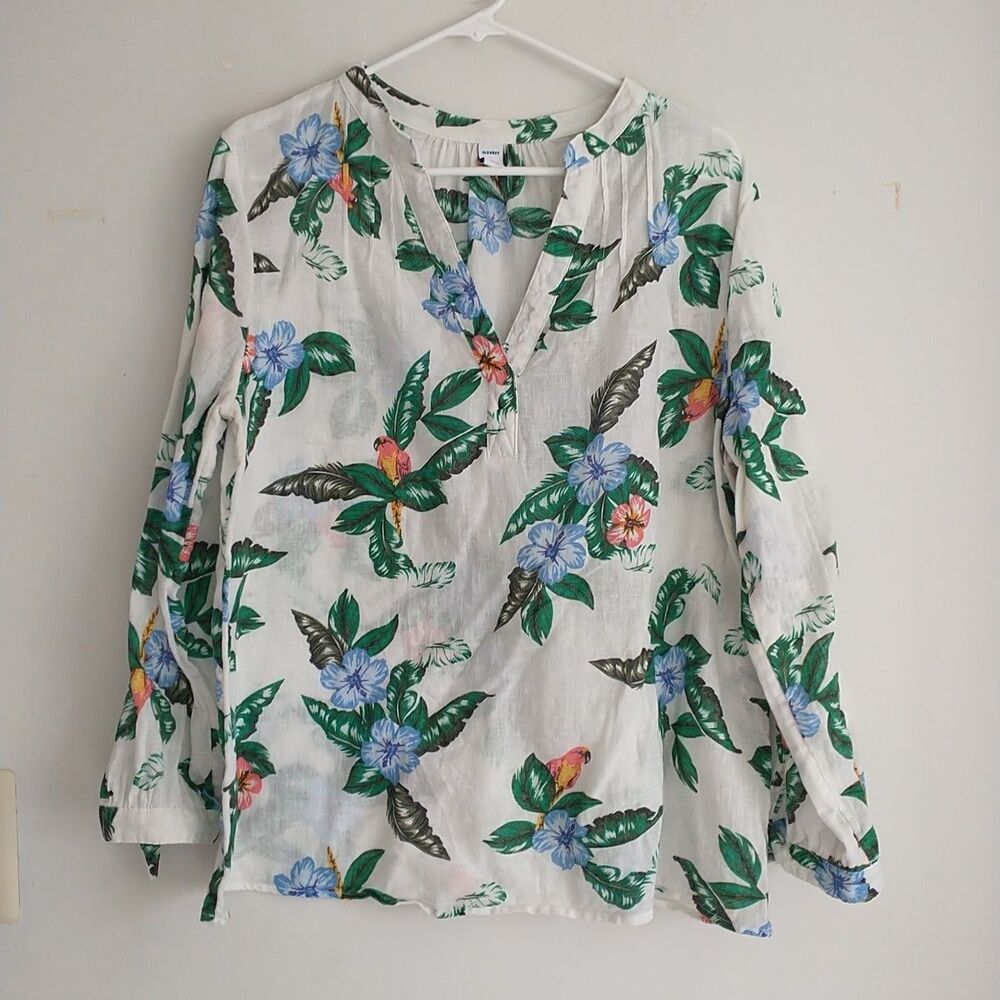 Old Navy Top Blouse Popiver Womens L Floral Linen Blend Long Tropical Hawaiian